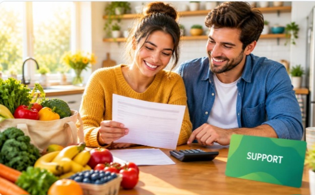 A couple reviewing household paperwork alongside fresh groceries